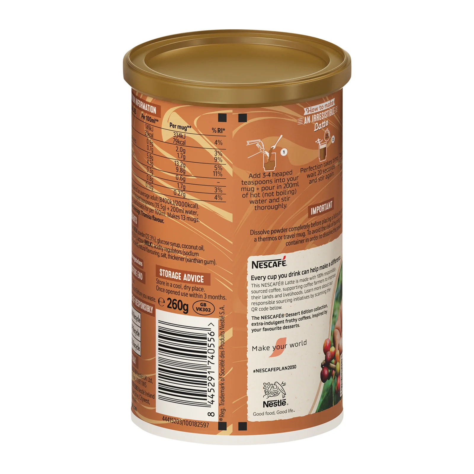 Nescafe Tiramisu Latte Coffee 260g Tub - Image 5